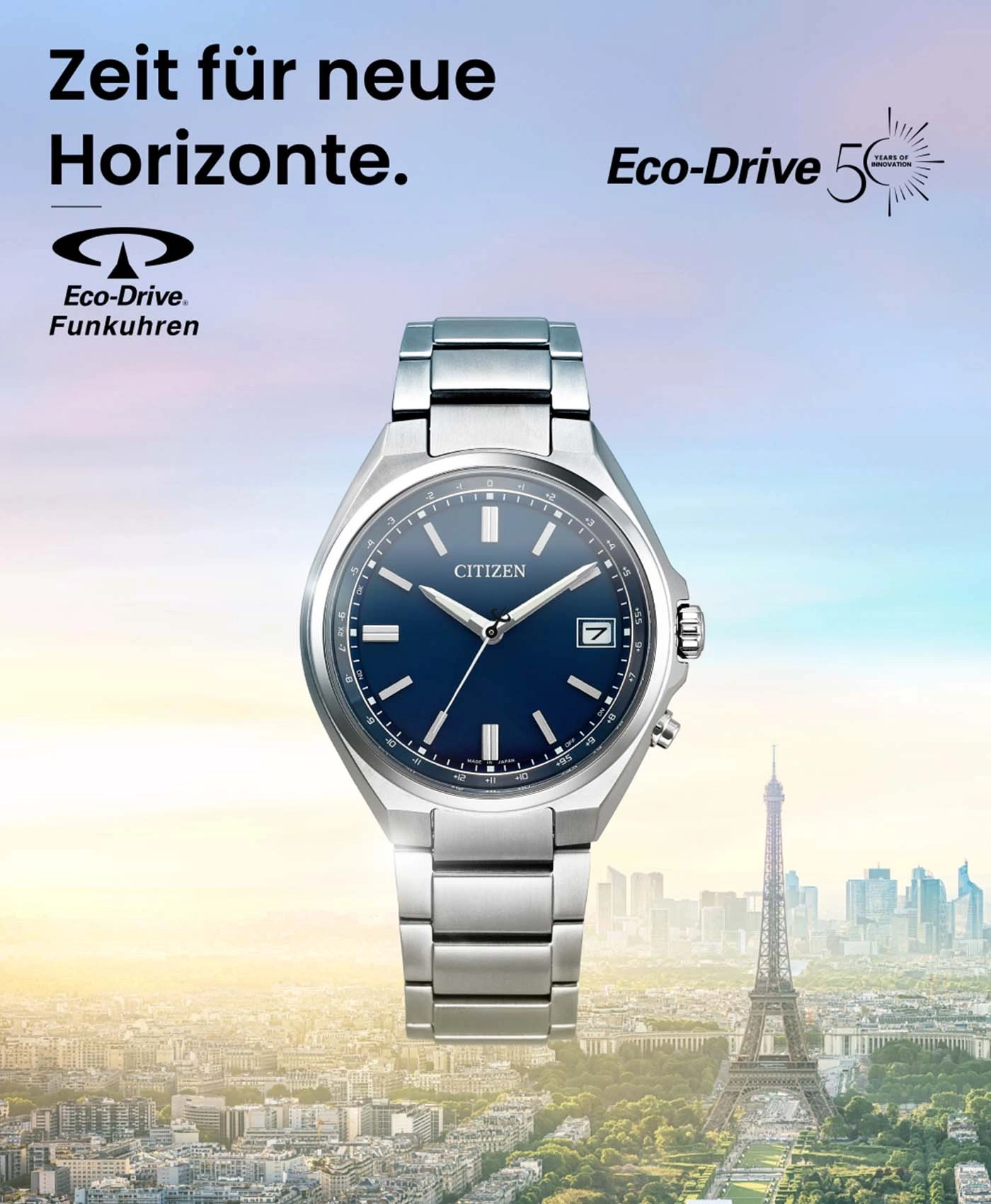 Eine silberne Citizen Eco-Drive Uhr mit blauem Zifferblatt
