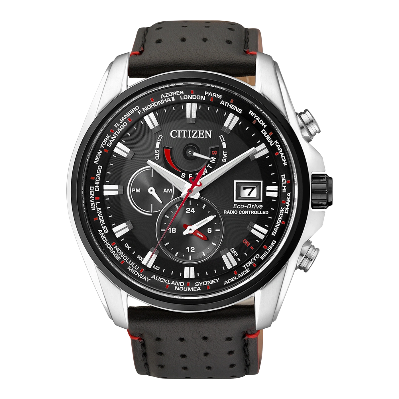 Citizen-Uhr mit schwarzem Zifferblatt, Lederarmband und Weltzeitfunktion.
