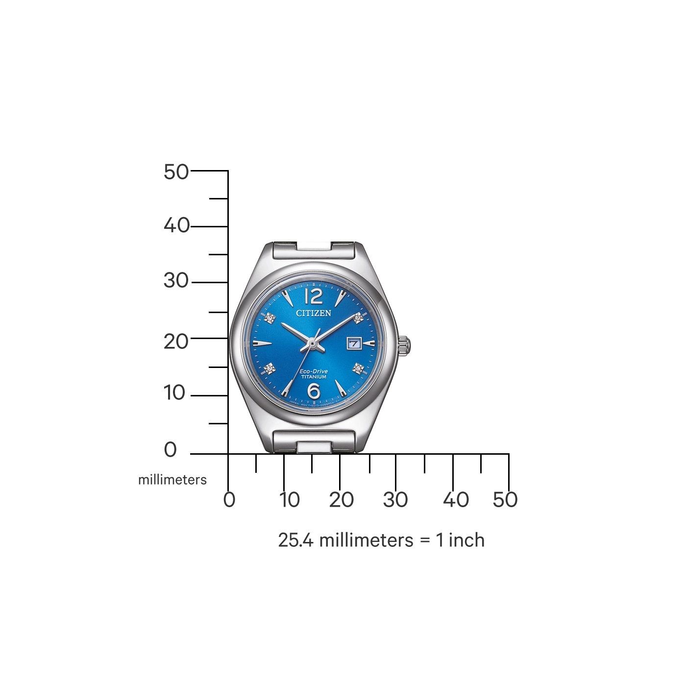 Citizen-Uhr mit blauem Zifferblatt, Titan und Maßstab in Millimetern.