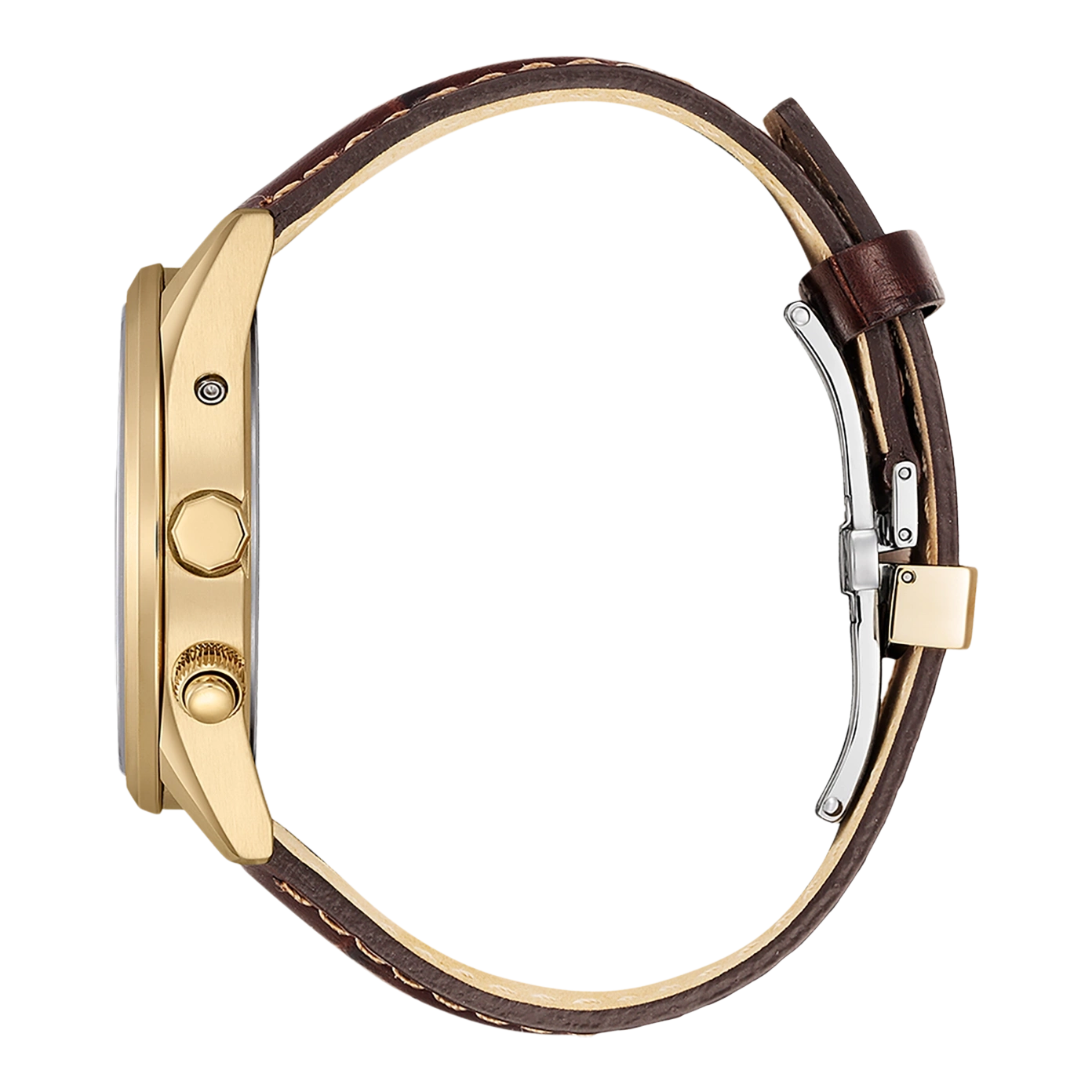 Goldene Uhr mit braunem Lederarmband, Seitenansicht, Nahaufnahme.