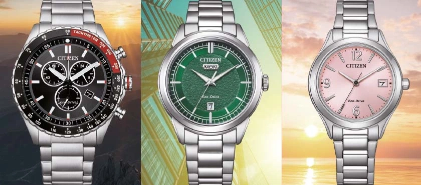 Drei Citizen Uhren: schwarzer Chronograph, grünes Zifferblatt, pinkes Zifferblatt.