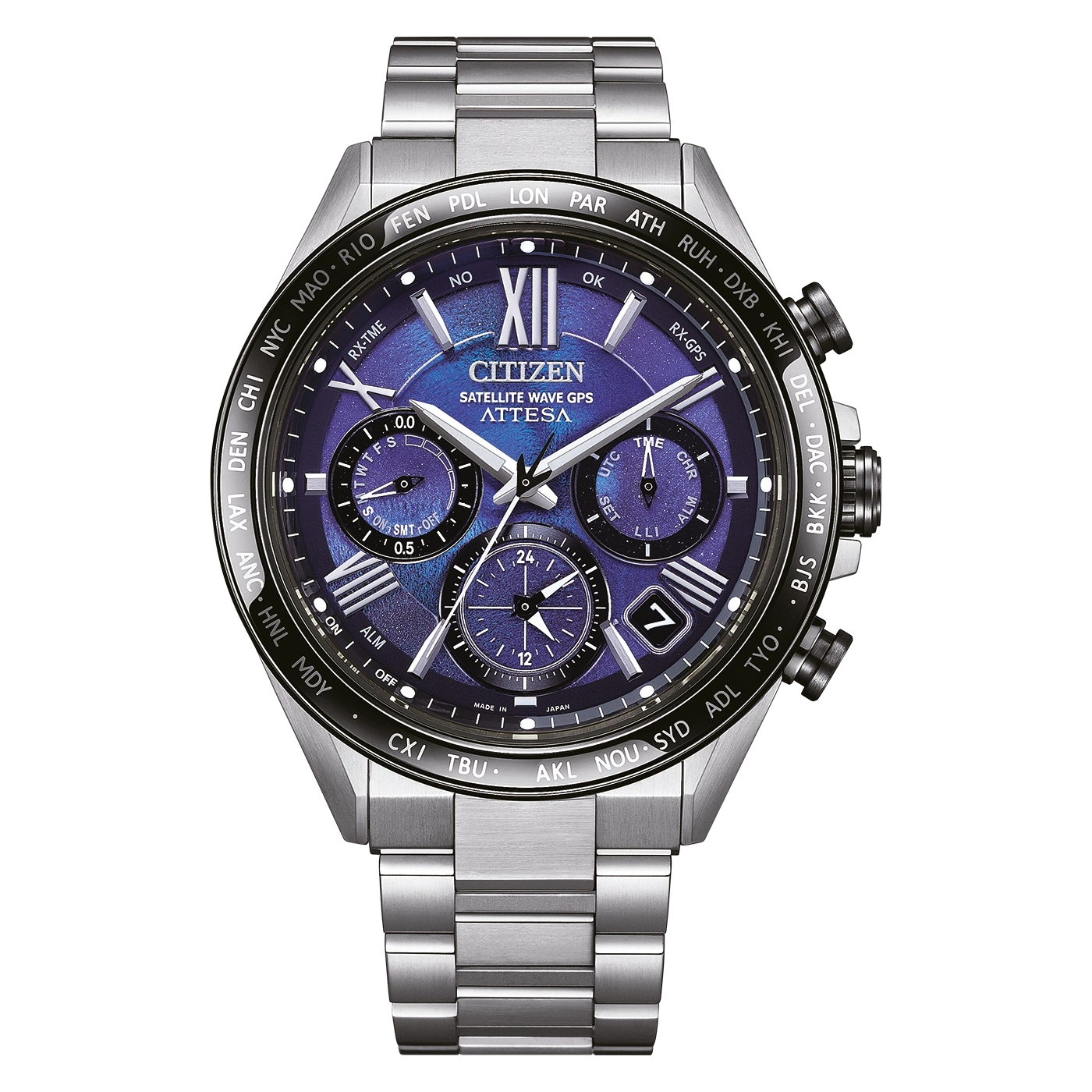 Citizen Attesa Uhr mit blauem Zifferblatt und silbernem Armband, Zeitanzeige.