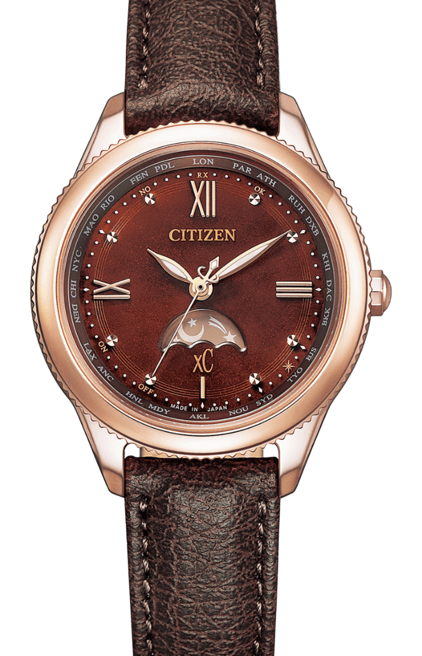 Citizen-Uhr mit braunem Lederarmband und Weltzeitfunktion, elegantes Design.