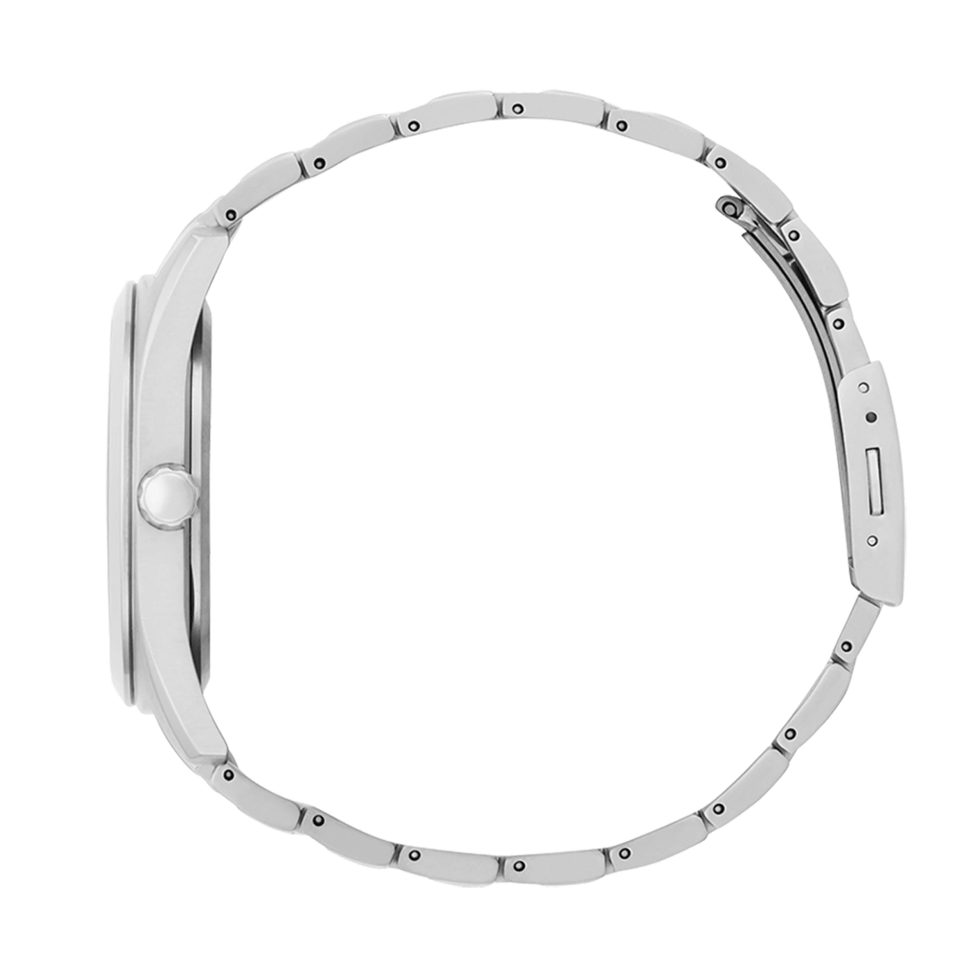 Seitenansicht einer silbernen Armbanduhr mit Metallband, isoliert auf weißem Hintergrund.