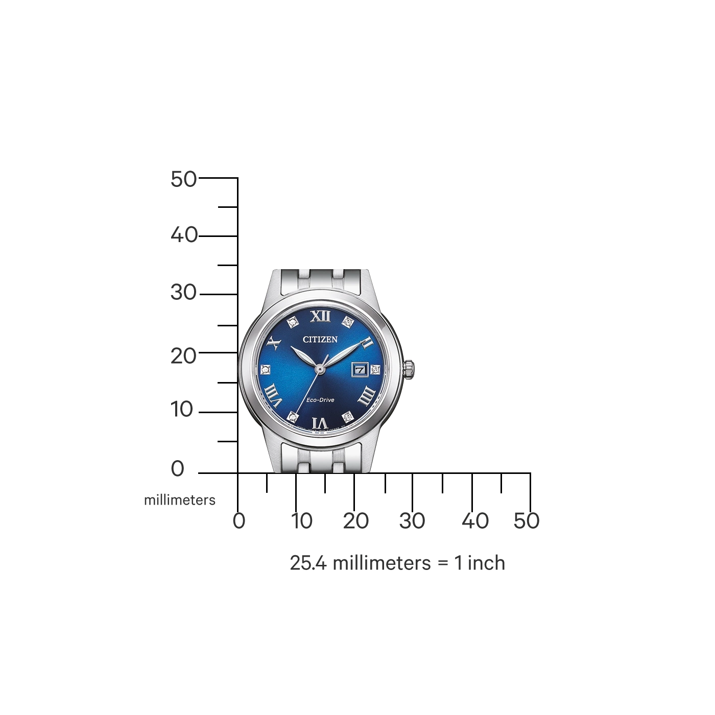 Citizen-Uhr mit blauem Zifferblatt, silbernem Armband und römischen Ziffern. Eco-Drive.
