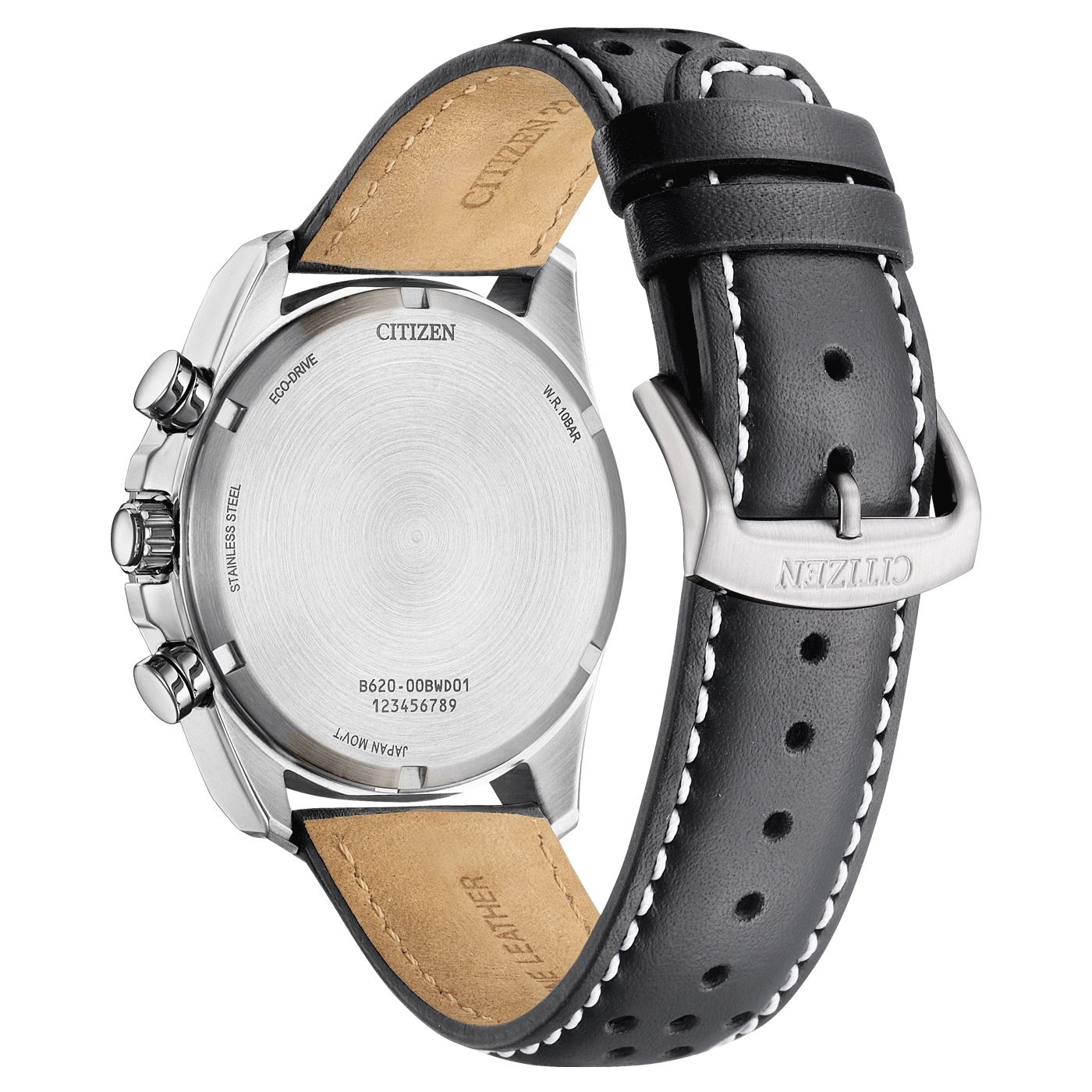 Citizen-Uhrrückseite mit Lederarmband, Edelstahl, Eco-Drive, W.R.10BAR