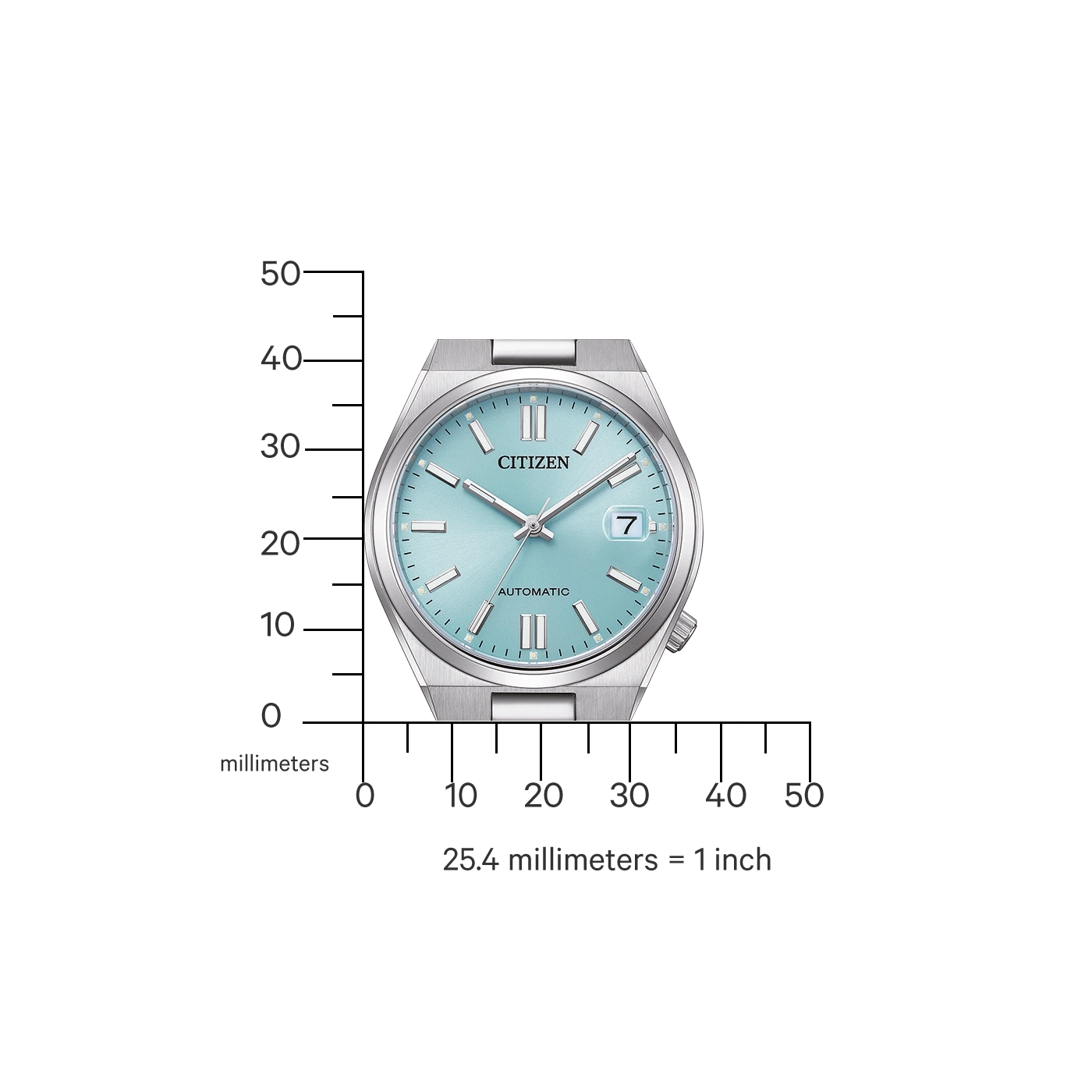 Citizen-Uhr mit hellblauem Zifferblatt, zeigt die Größe in Millimetern.