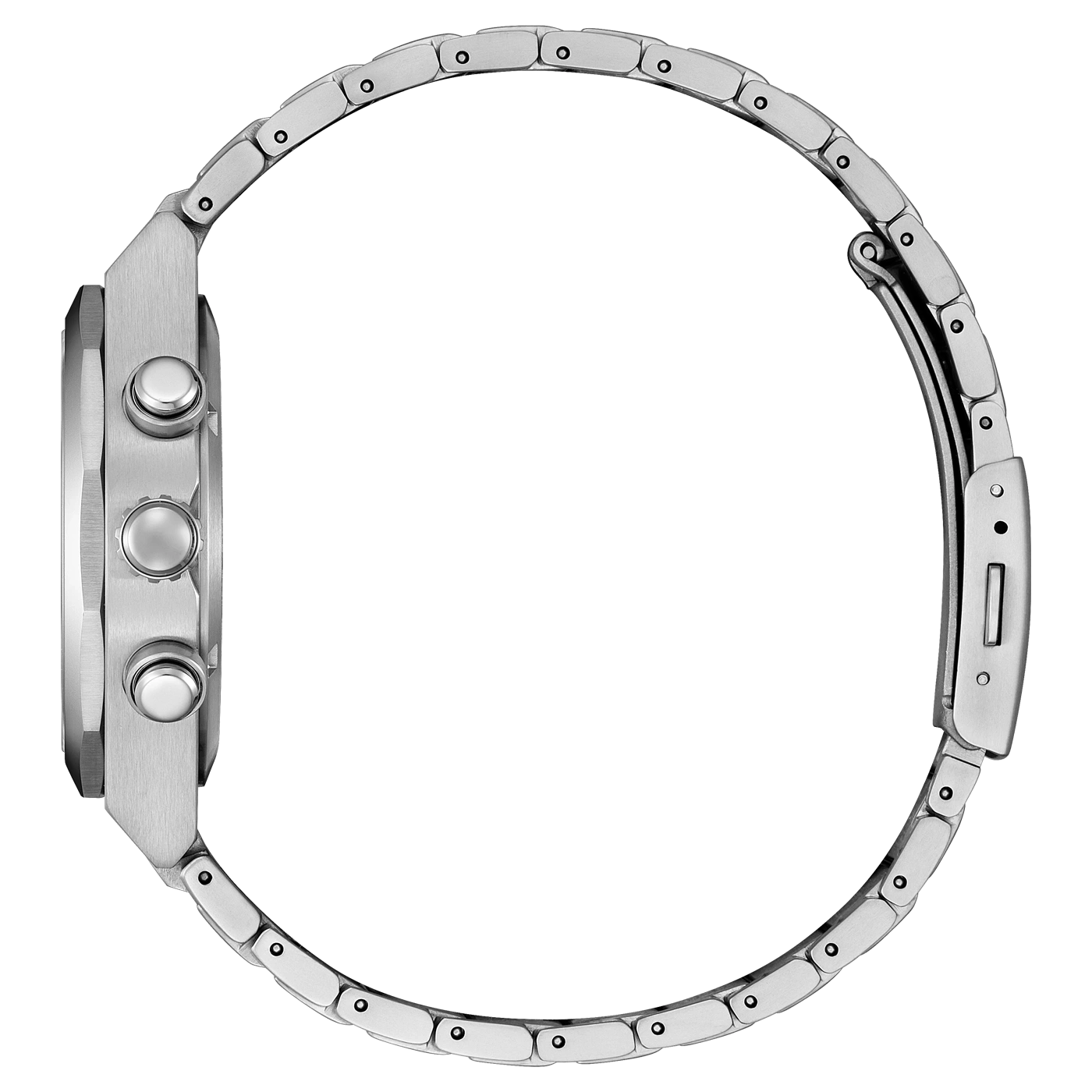 Seitenansicht einer silbernen Armbanduhr mit Metallband und drei Knöpfen.