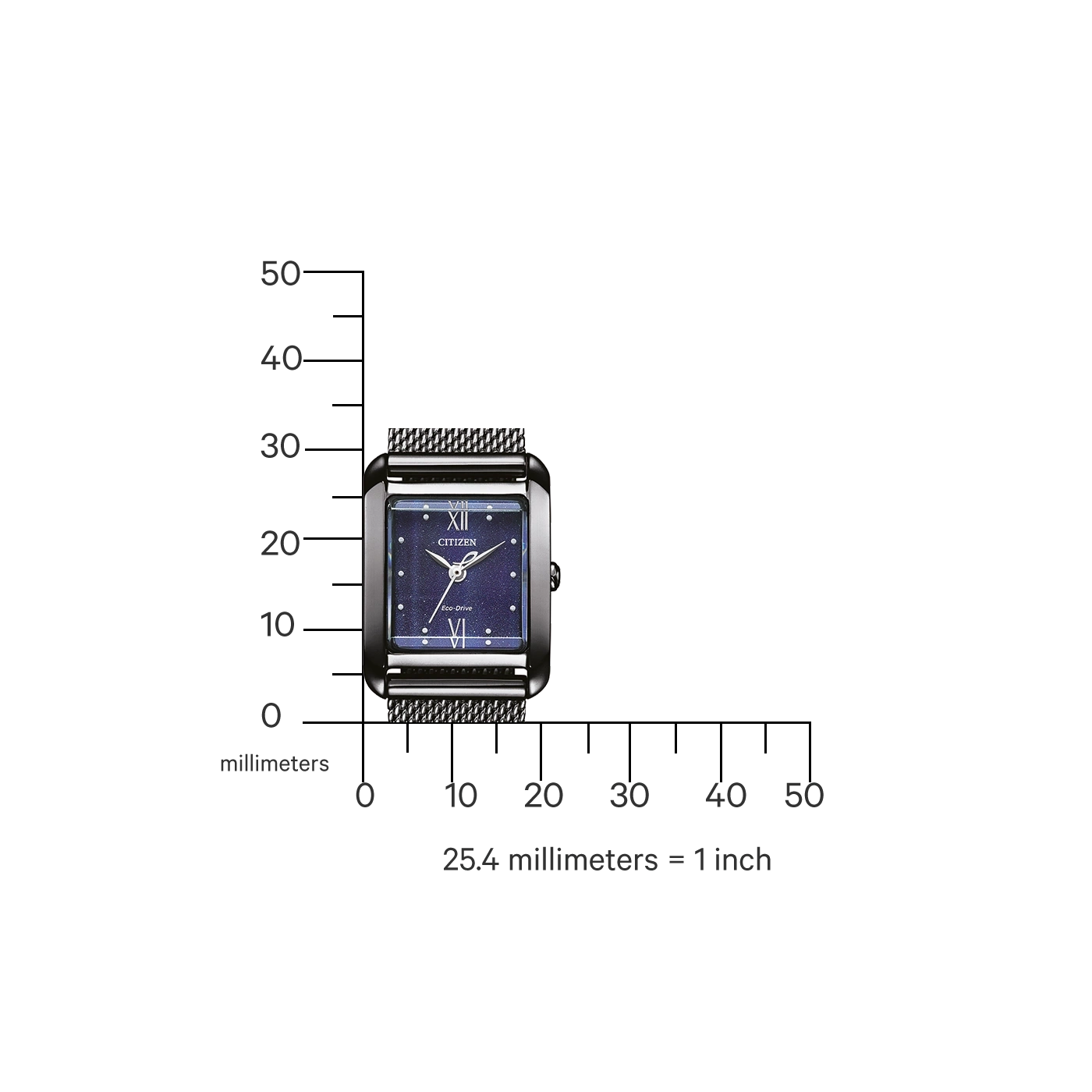 Uhr mit blauem Zifferblatt und Mesh-Armband, mit Lineal.