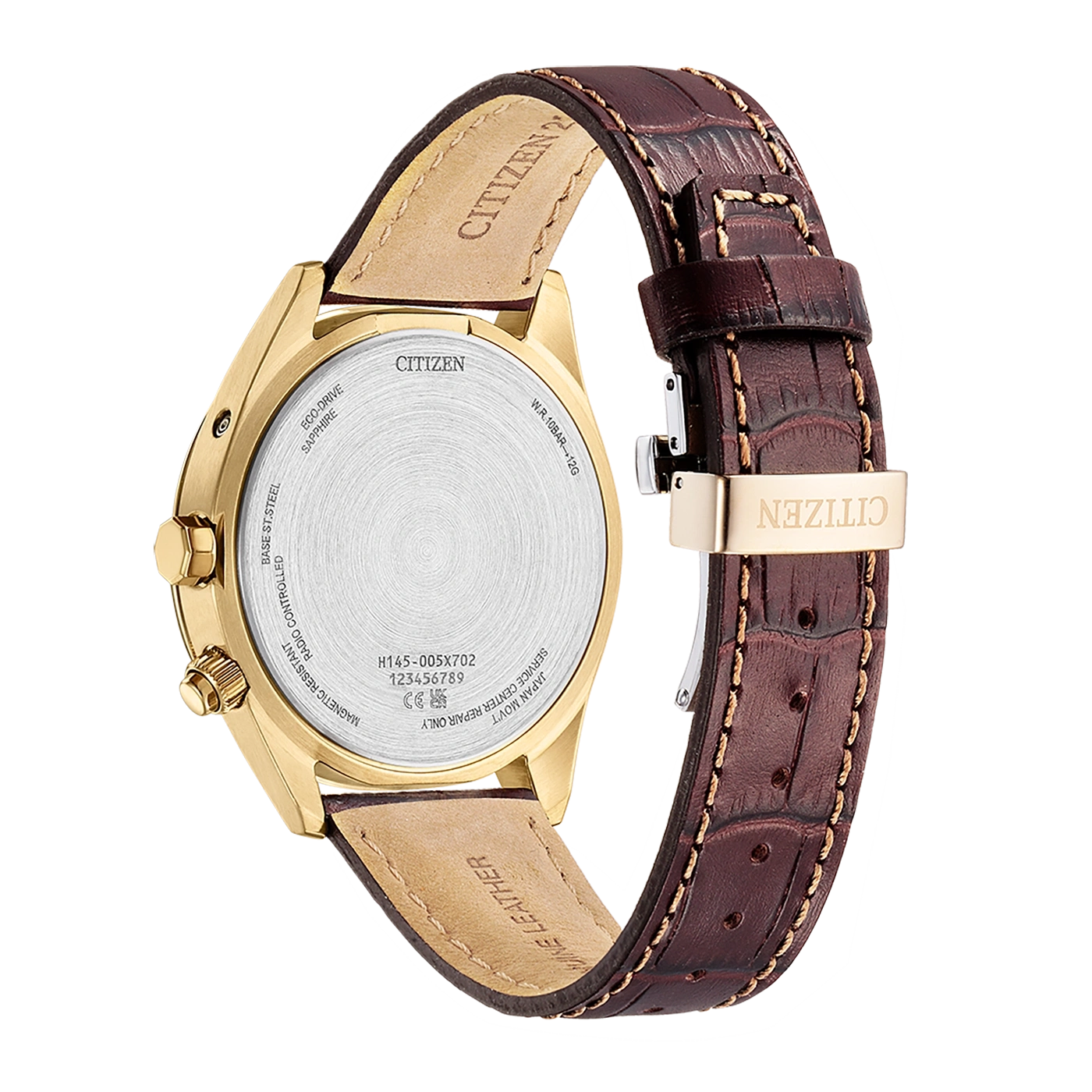 Citizen-Uhr, goldfarbenes Gehäuse, braunes Lederarmband, Saphirglas, Eco-Drive-Technologie