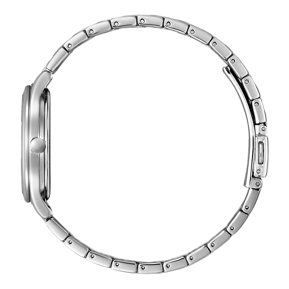 Seitenansicht einer silbernen Armbanduhr mit Metallband, elegant und modern.