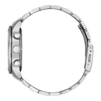Seitenansicht einer silbernen Armbanduhr mit Metallband und Knöpfen.