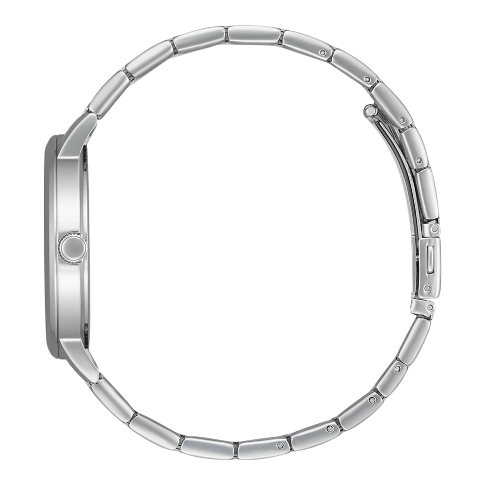 Silberne Uhr mit rundem Zifferblatt und Metallarmband, Seitenansicht.