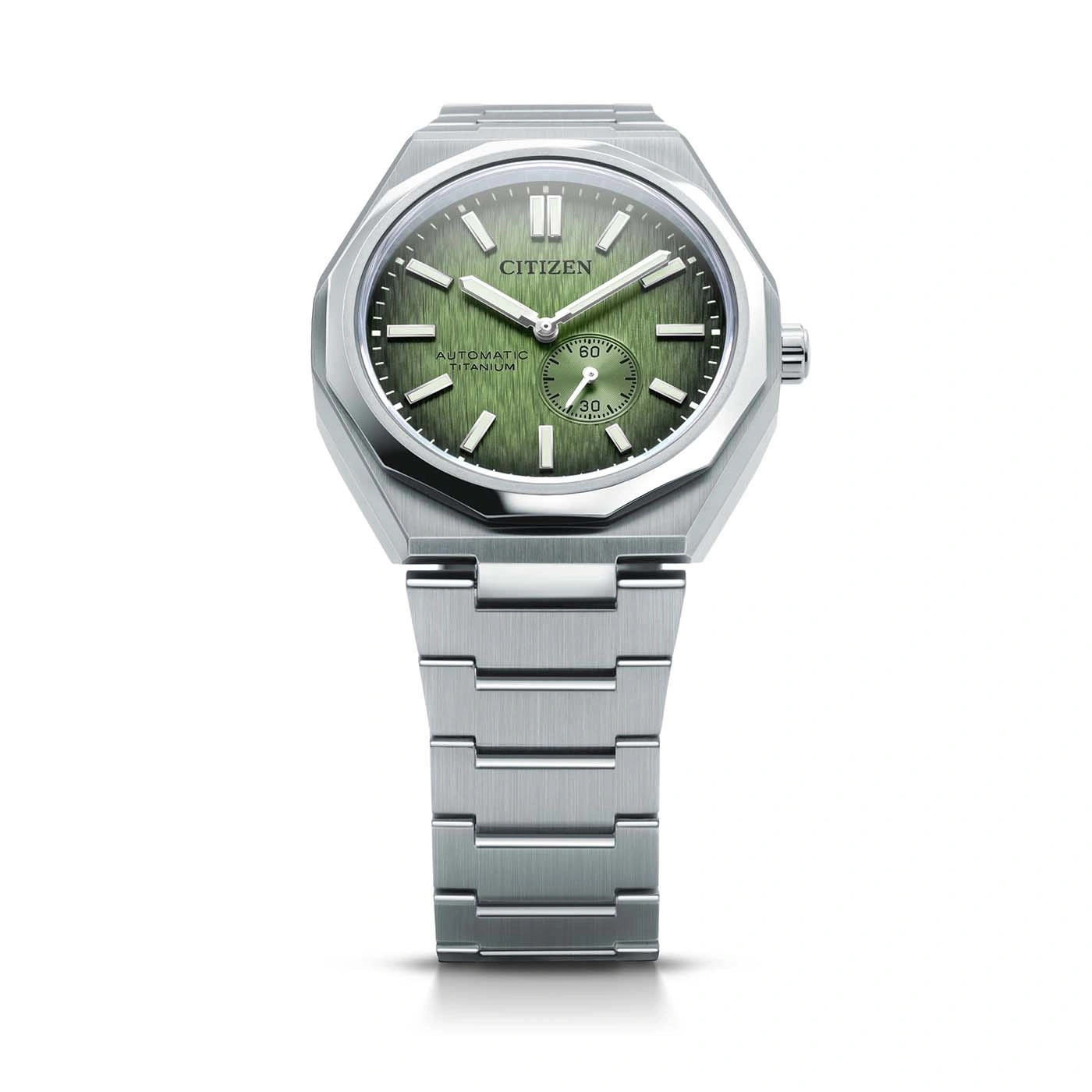 Citizen-Uhr mit grünem Zifferblatt und Titanarmband, Automatikwerk.