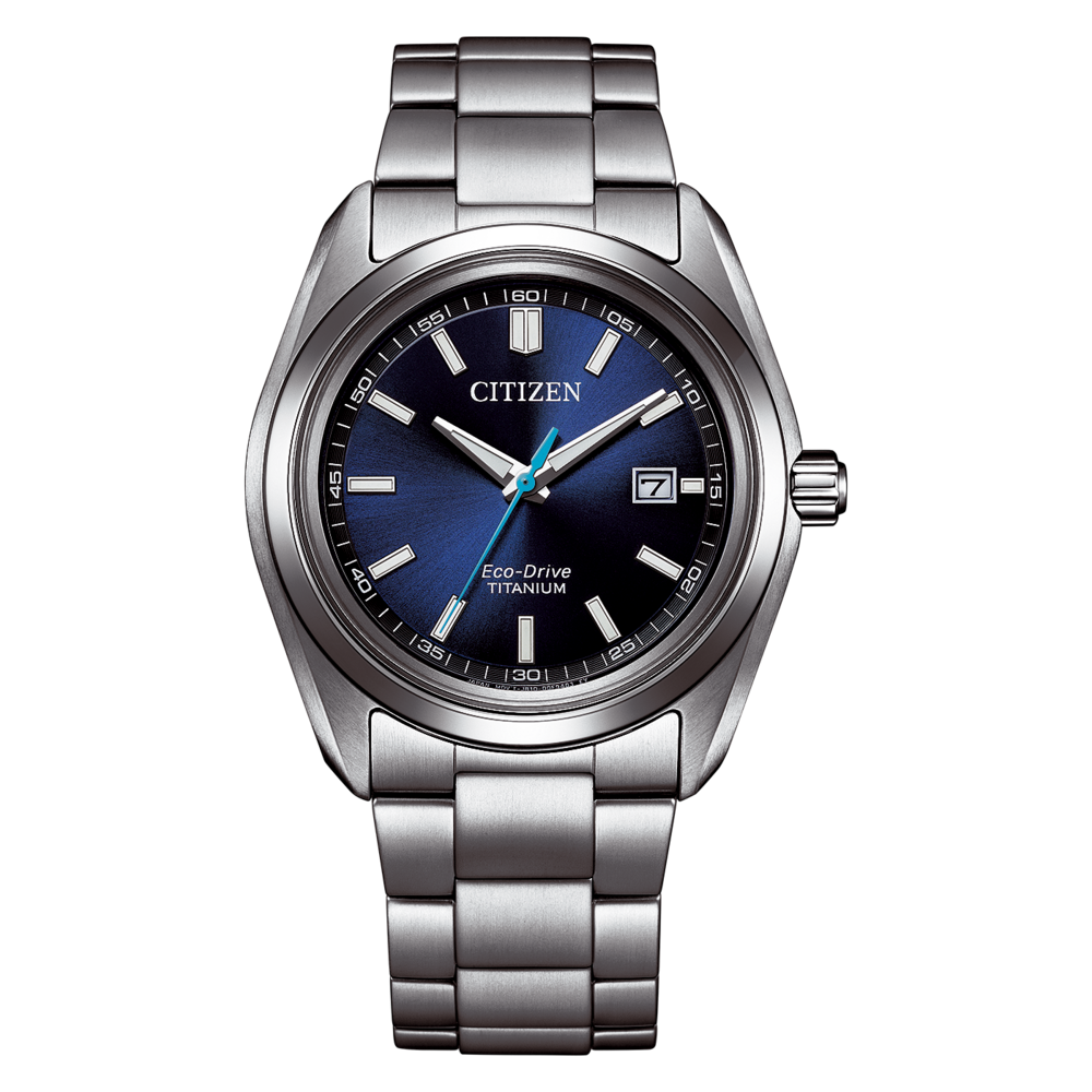 Eine silberne Citizen Eco-Drive Titanuhr mit blauem Zifferblatt.