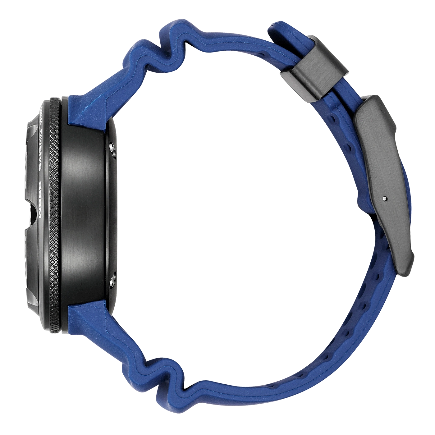 Seitenansicht einer schwarzen Uhr mit blauem Armband.