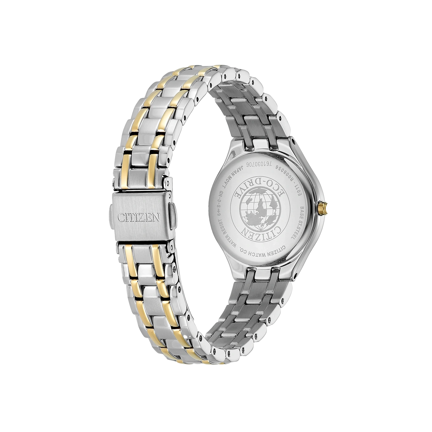Rückansicht der Citizen-Uhr mit silbernem und goldenem Armband und Logo.