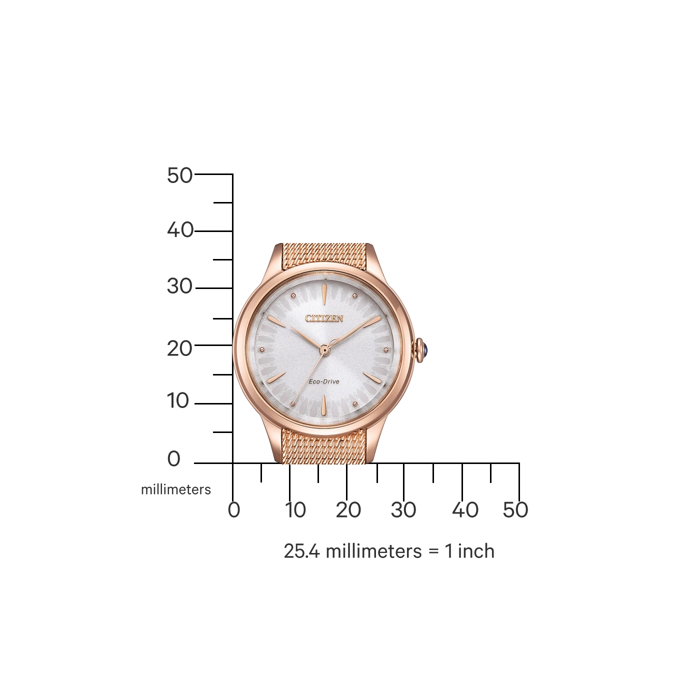 Citizen-Uhr mit roségoldenem Gehäuse und Mesh-Armband, Messung in Millimetern.
