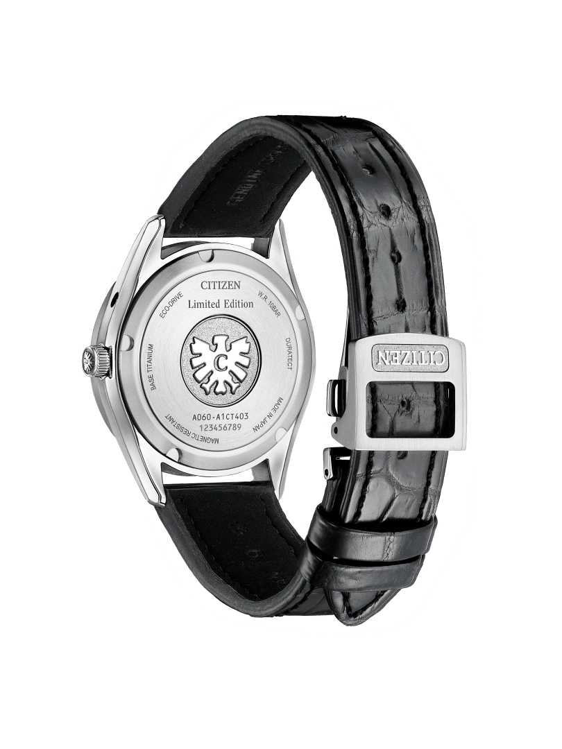 Citizen-Uhrrückseite mit schwarzem Lederarmband, limitierte Auflage, Titanbasis