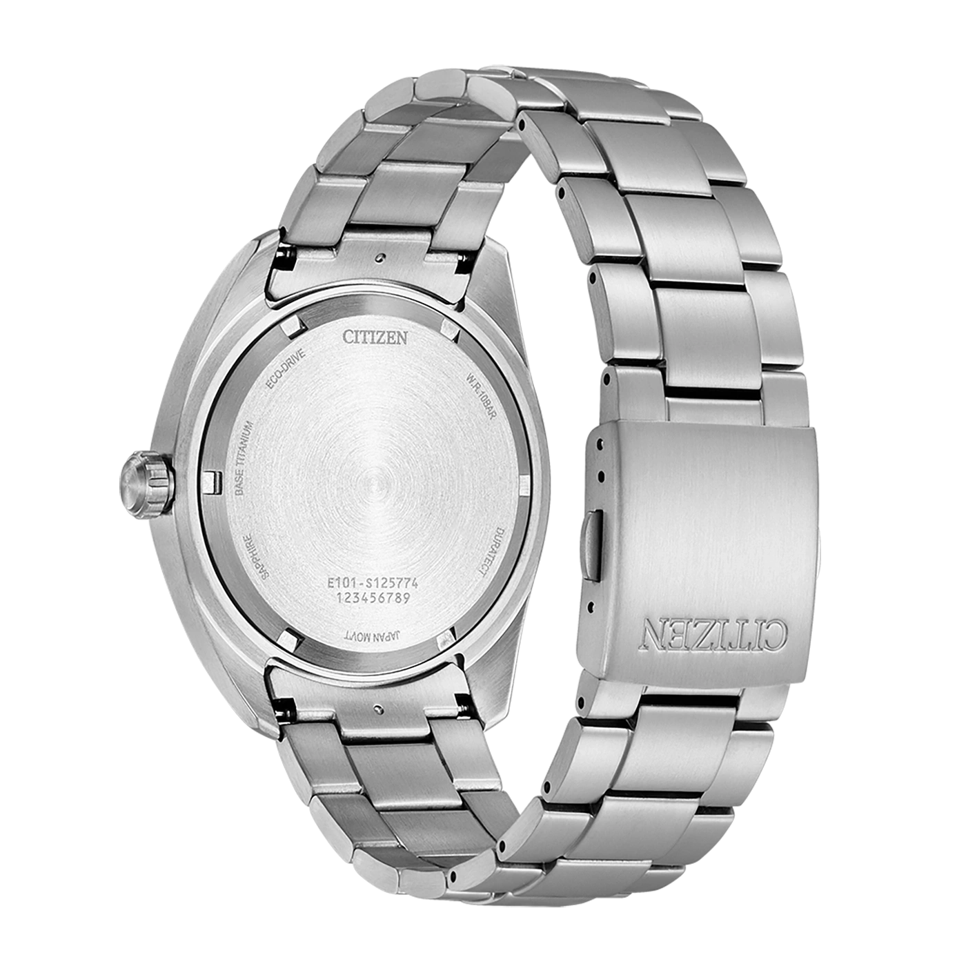 Citizen-Uhrenrückseite, Saphir, Basistitane, Eco-Drive, Japan Movt, W.R.10BAR