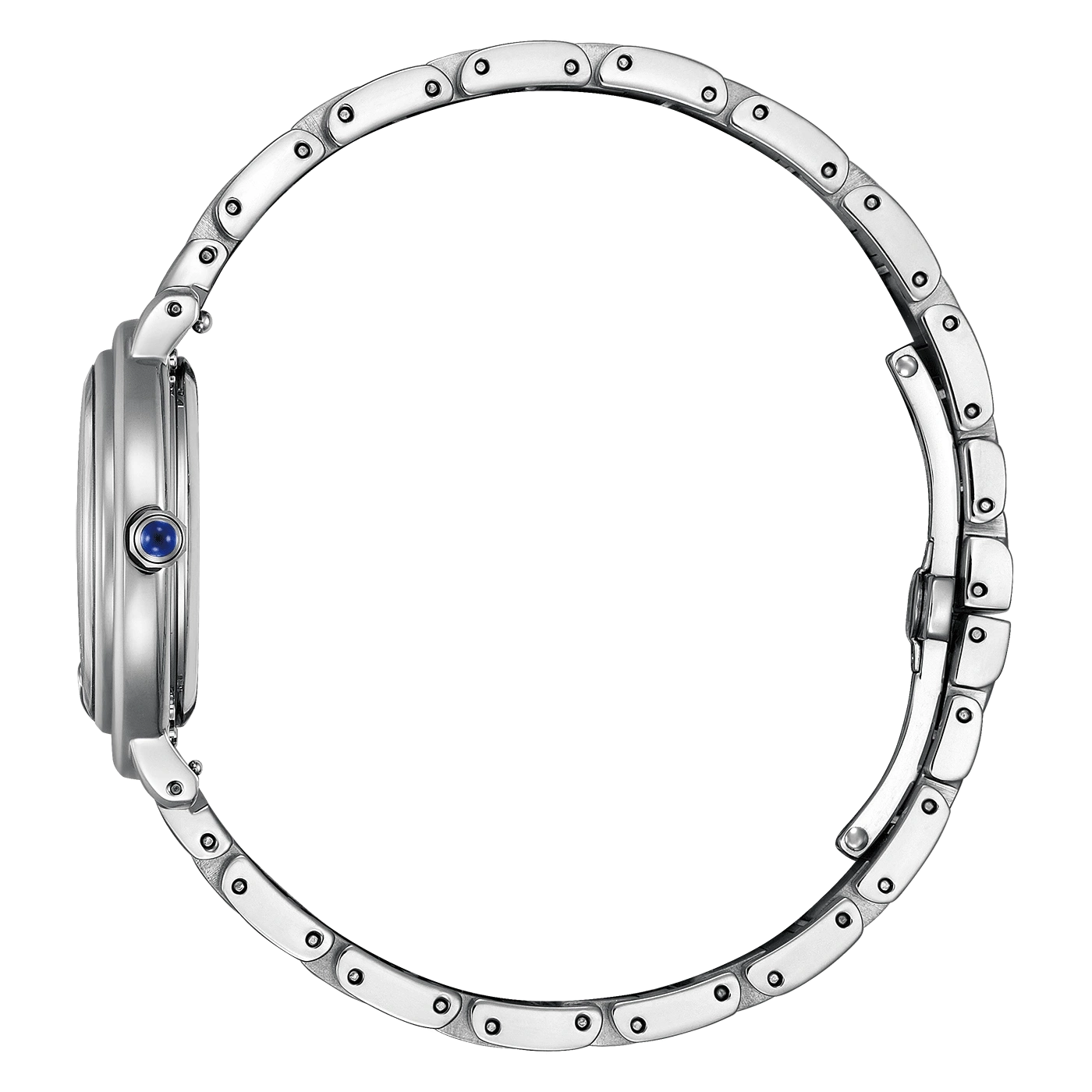 Silberne Uhr mit blauem Edelstein und Metallarmband, Seitenansicht.