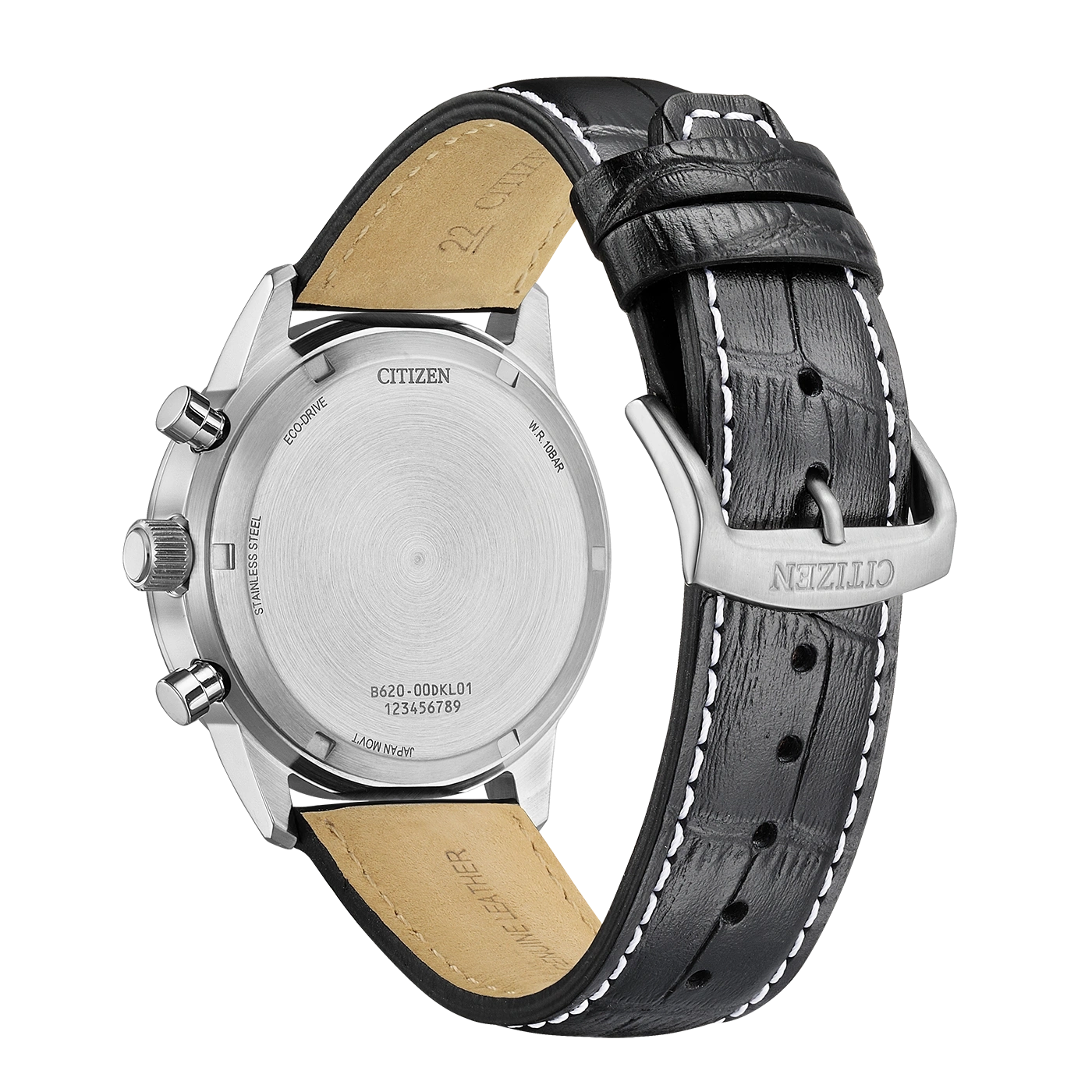 Rückseite einer Citizen Eco-Drive Uhr mit schwarzem Lederarmband.