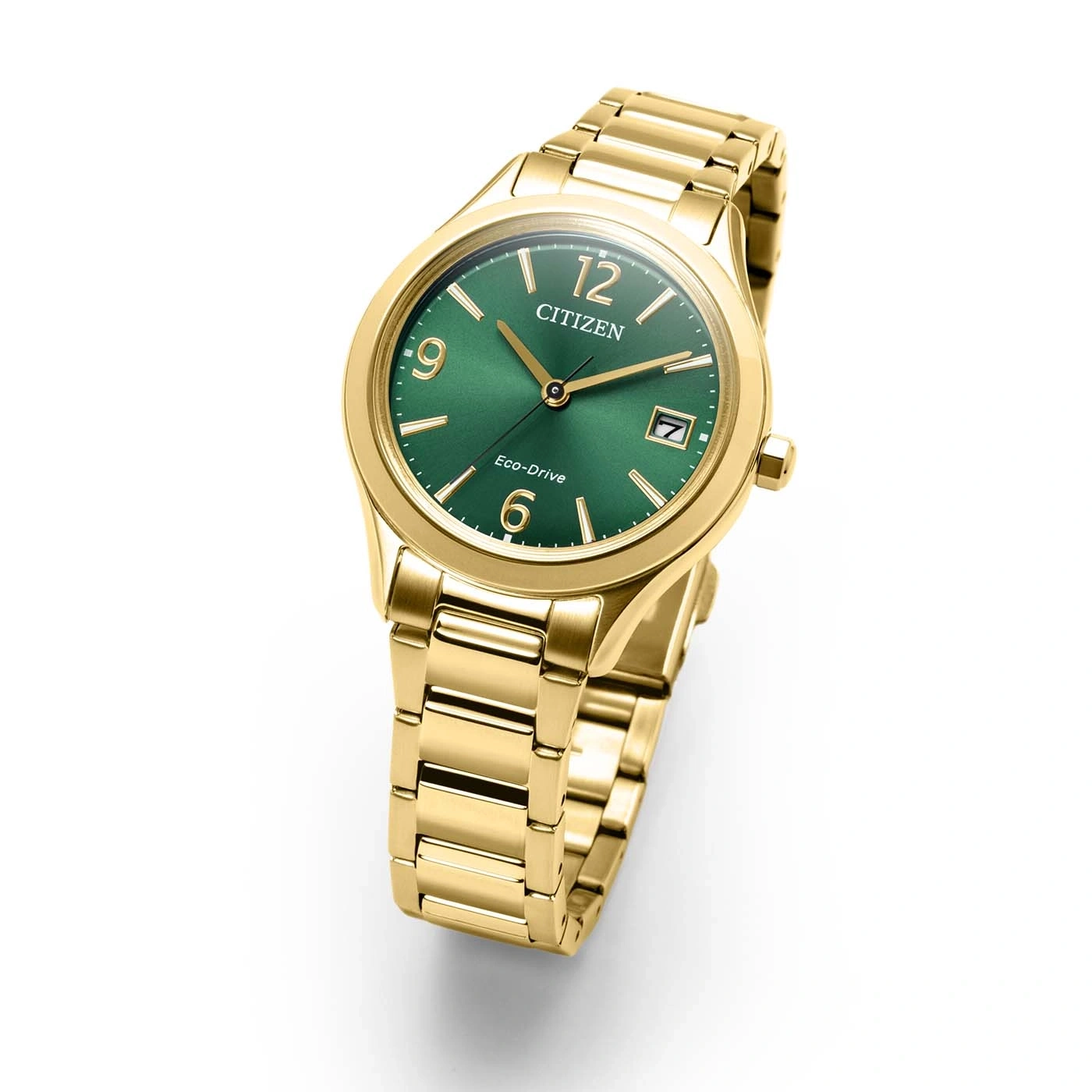 Eine goldene Citizen Eco-Drive Uhr mit grünem Zifferblatt.