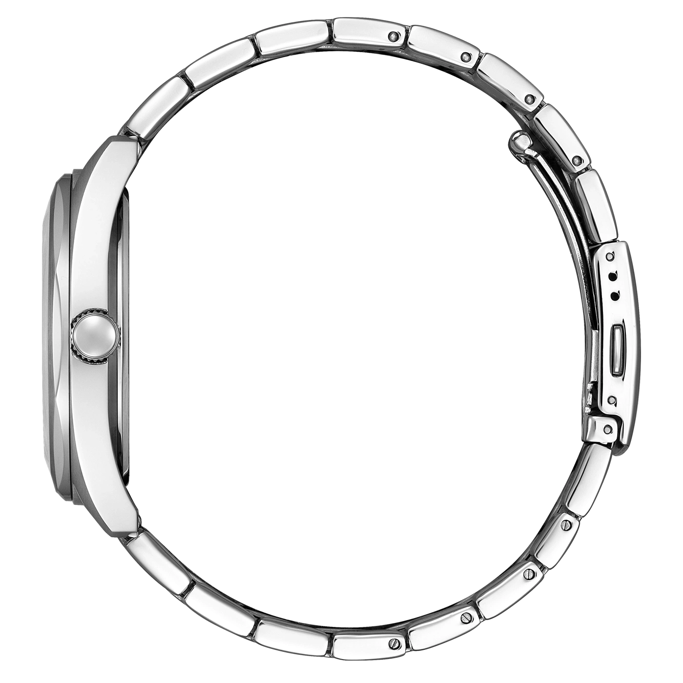 Seitenansicht einer silbernen Uhr, die das Armband und das Zifferblatt zeigt.