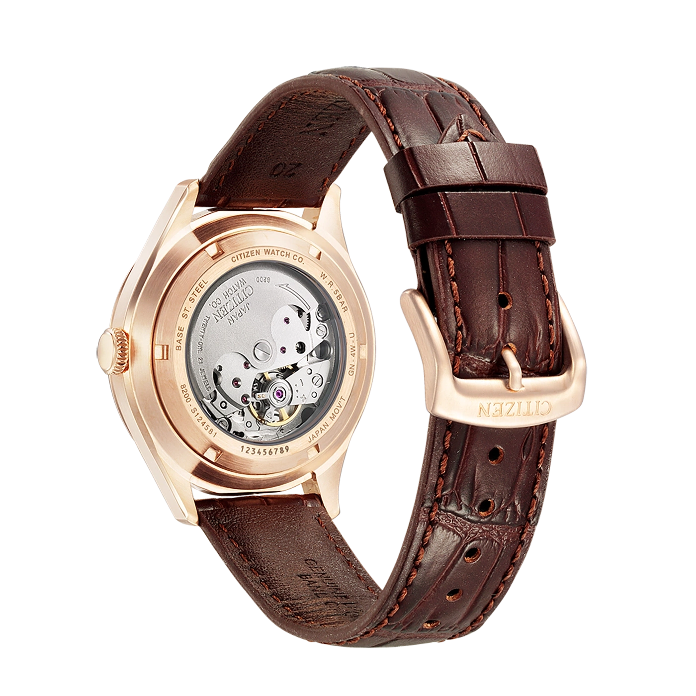Citizen-Uhrrückseite mit braunem Lederarmband, sichtbarem Mechanismus und Markendetails.