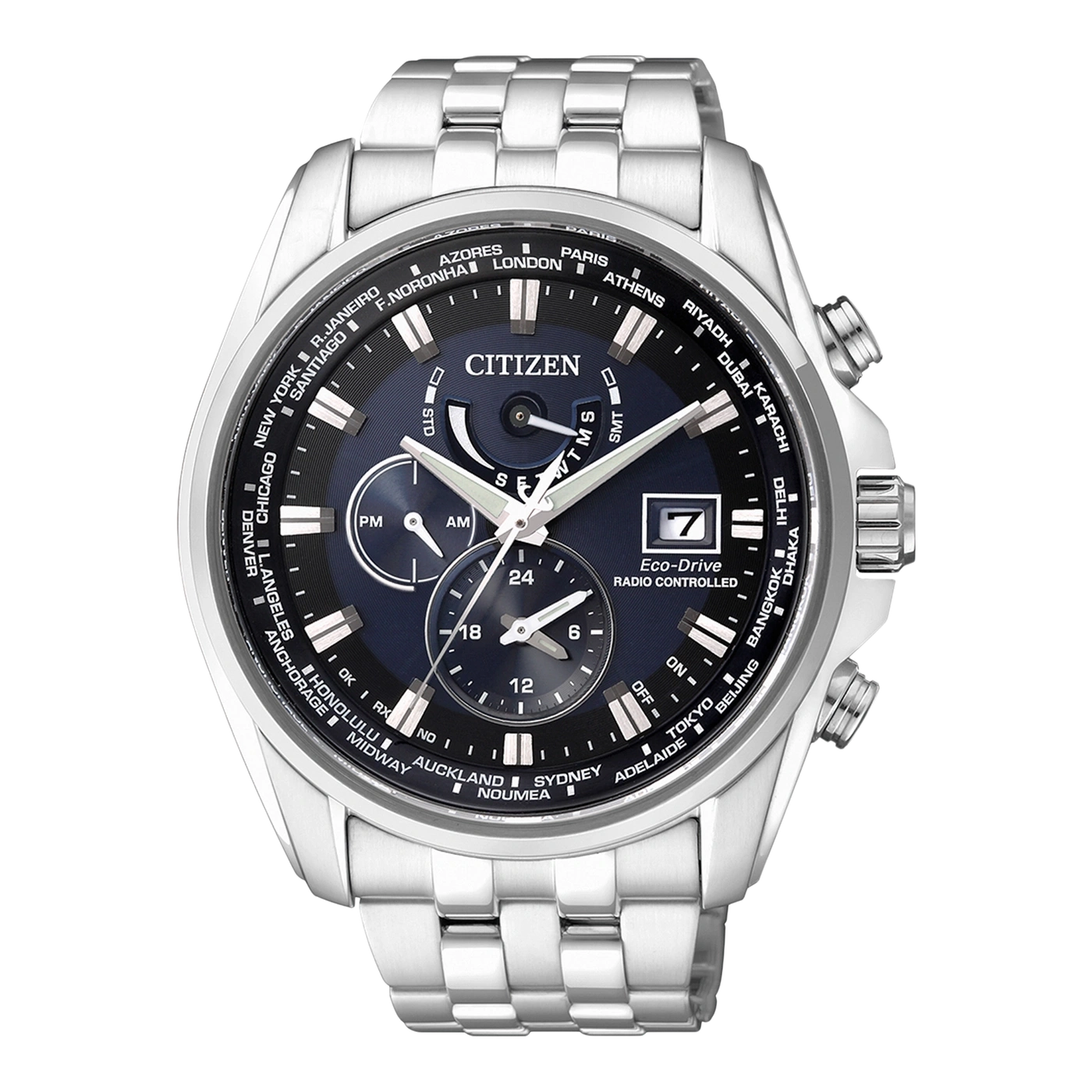 Citizen-Uhr mit Weltzeitfunktion, Edelstahl, blaues Zifferblatt, funkgesteuert, Datumsanzeige.