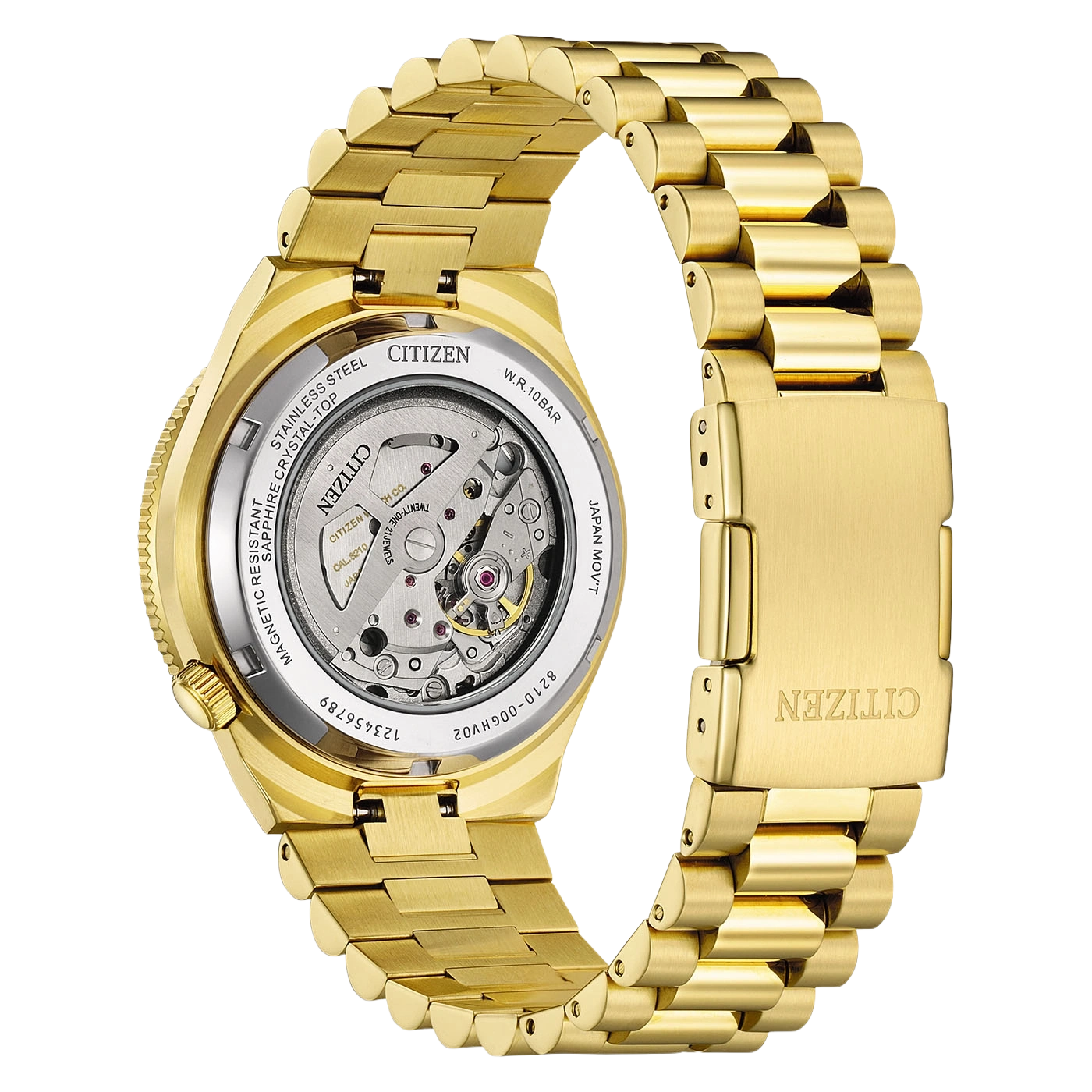 Eine goldene Citizen-Uhr mit offenem Gehäuseboden, der das Uhrwerk zeigt.