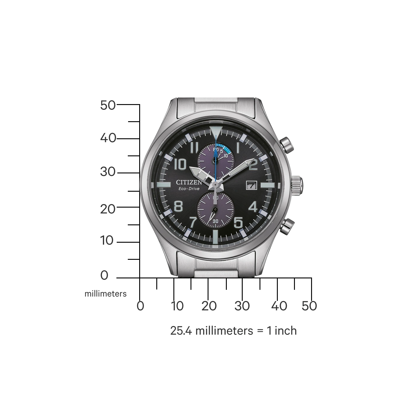 Citizen Eco-Drive Uhr mit schwarzem Zifferblatt, silbernem Armband und Chronographenfunktionen.