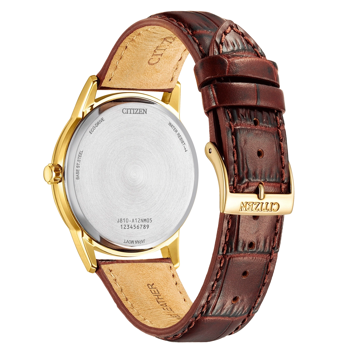Rückseite der Citizen-Uhr mit Lederarmband, goldenem Gehäuse und Markendetails.