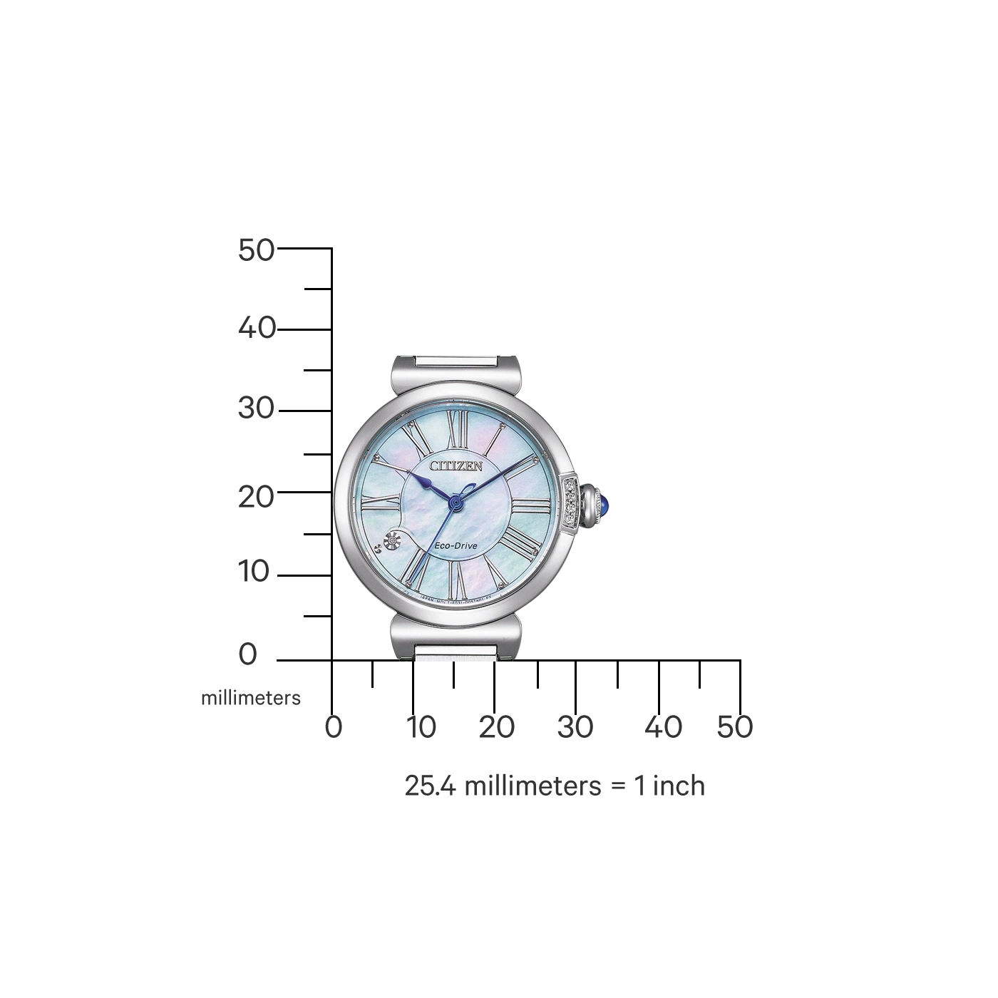 Citizen-Uhr mit blauem Zifferblatt und römischen Ziffern, gemessen in Millimetern.