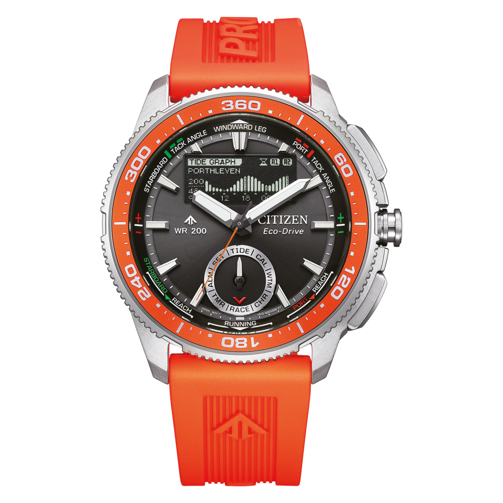 Eine Citizen Eco-Drive-Uhr mit orangefarbenem Armband und Lünette.