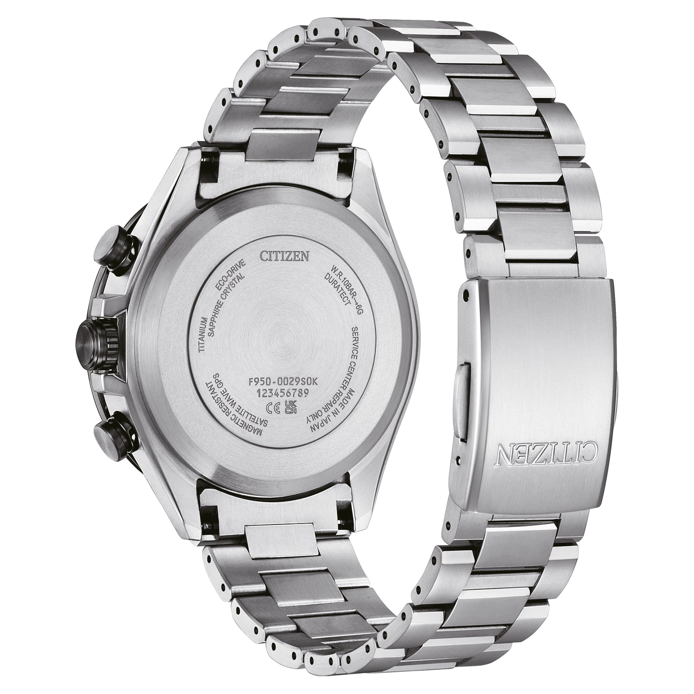 Citizen-Uhrenrückseite, Titan, Saphirglas, Eco-Drive, japanische Herstellung, langlebig.