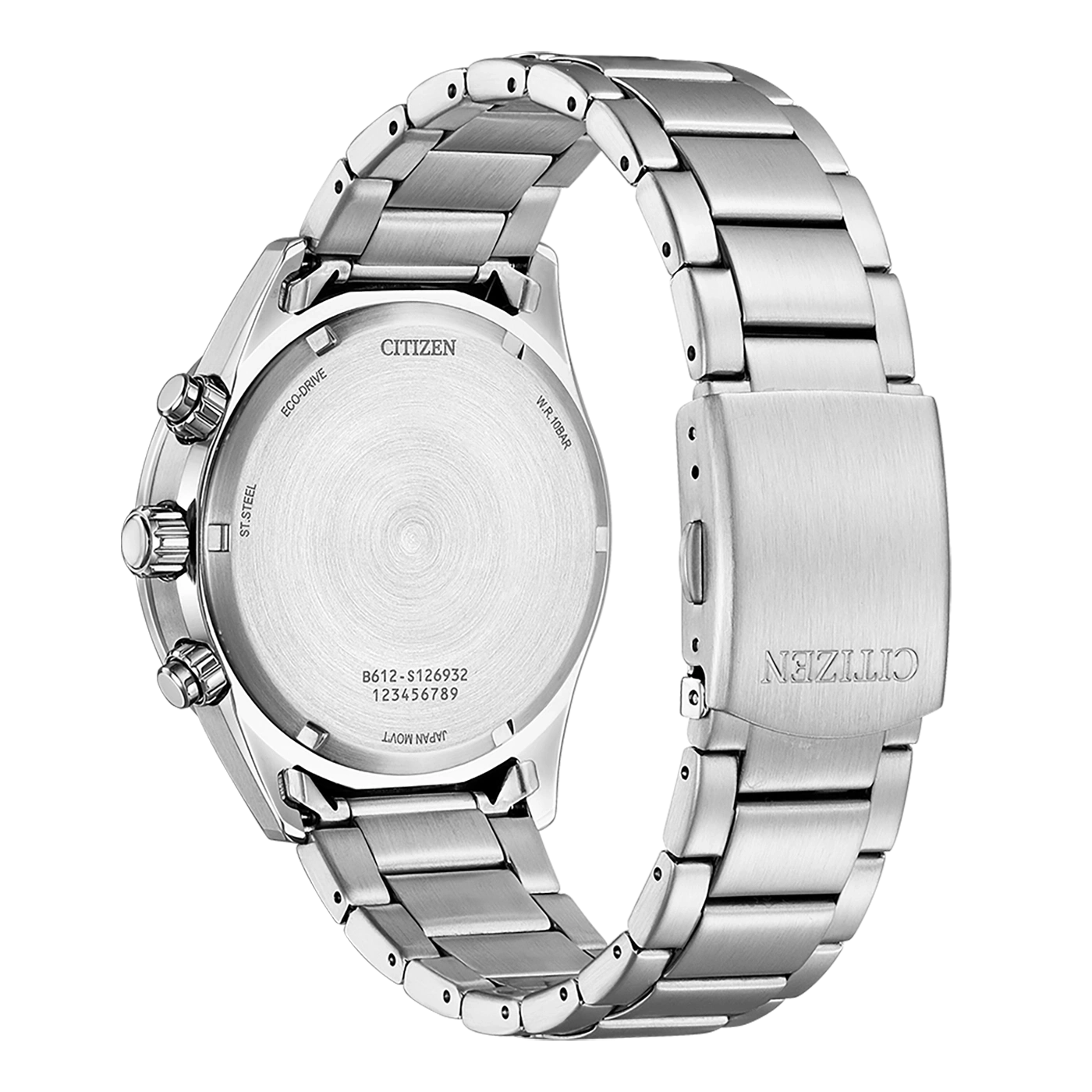 Citizen-Uhrenrückseite, Edelstahl, Eco-Drive, W.R. 10BAR, Japan Movt.