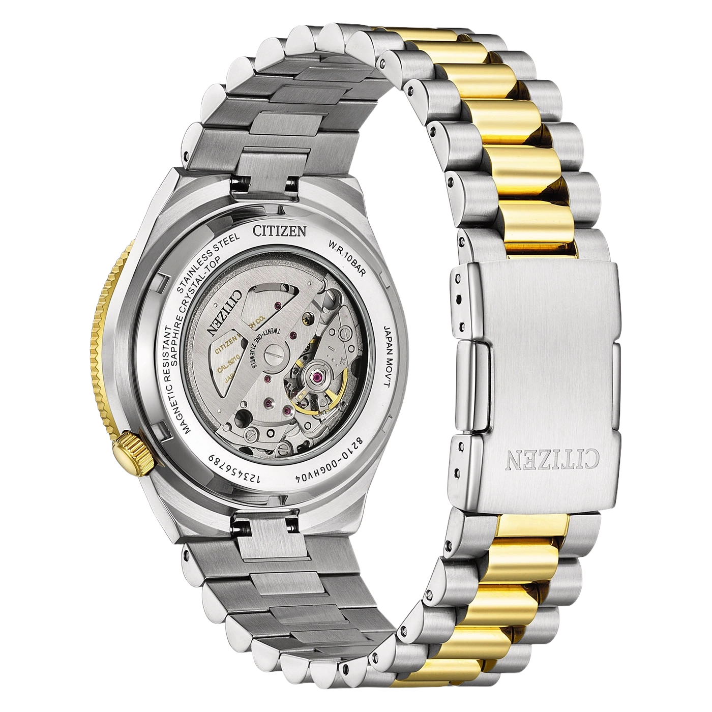 Rückansicht einer zweifarbigen Citizen-Uhr aus Edelstahl und Gold mit Sichtboden.