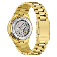 Eine goldene Citizen-Uhr mit offenem Gehäuseboden, der das Uhrwerk zeigt.
