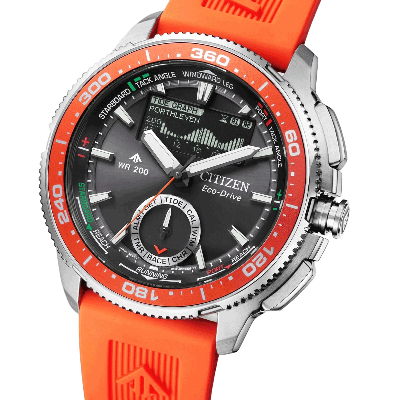 Citizen Eco-Drive Uhr mit orangefarbenem Armband und schwarzem Zifferblatt.