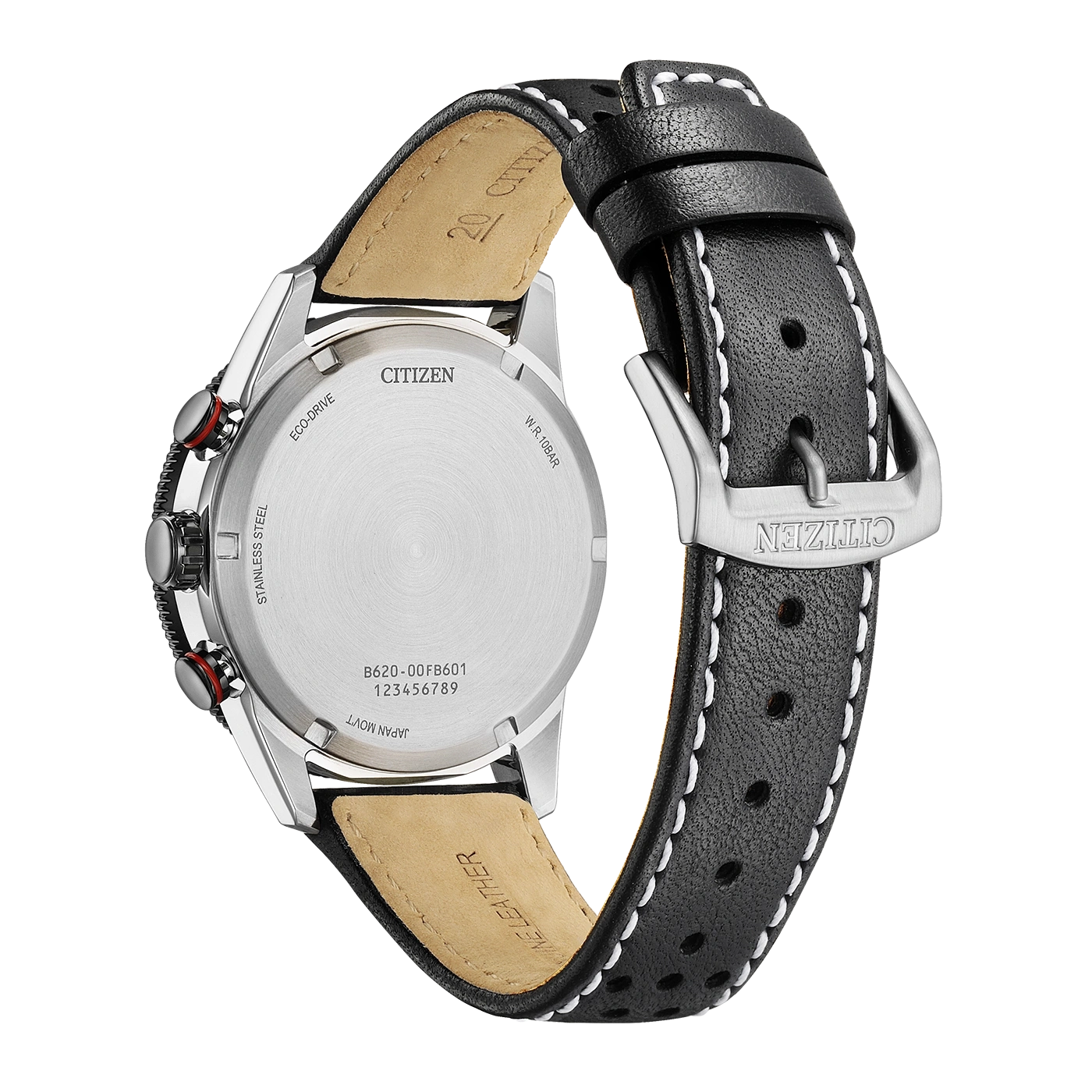 Rückseite einer schwarzen Leder Citizen Eco-Drive Uhr mit weißen Nähten.