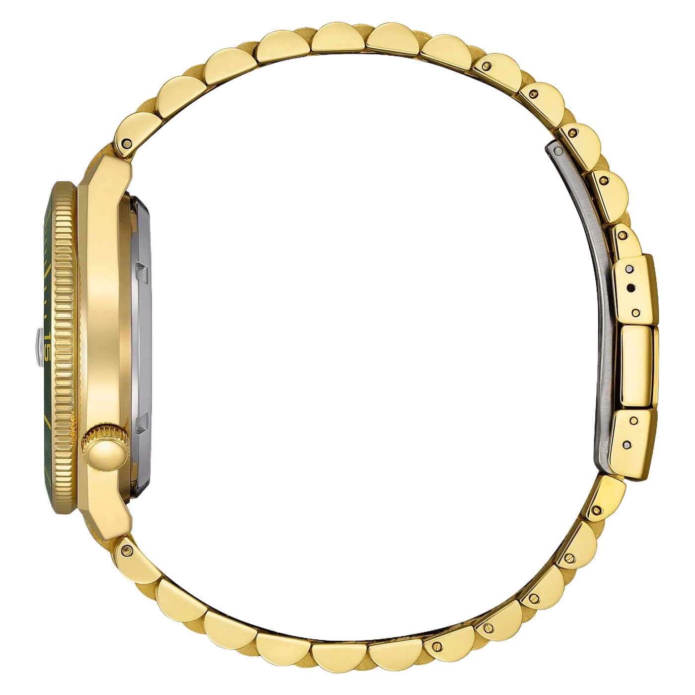Eine goldene Uhr mit grüner Lünette und Metallarmband.
