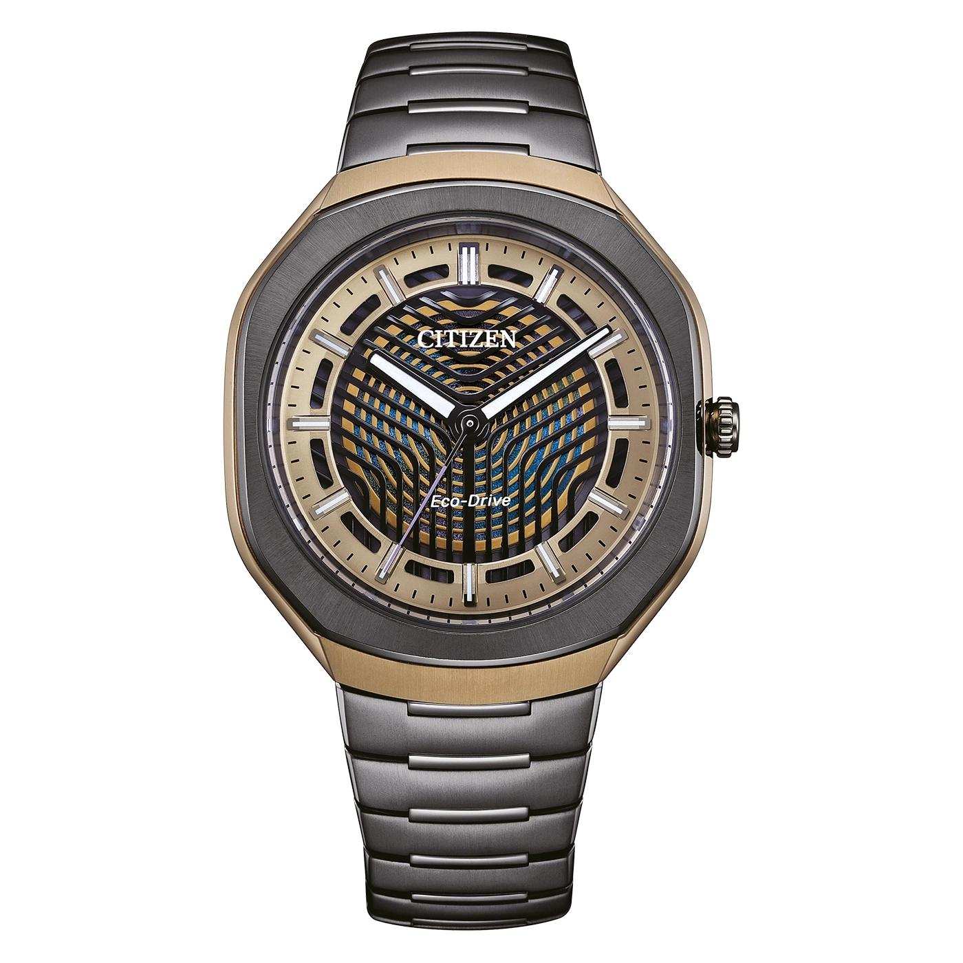 Eine Citizen Eco-Drive Uhr mit einem gold-blauen Zifferblatt und Metallarmband.