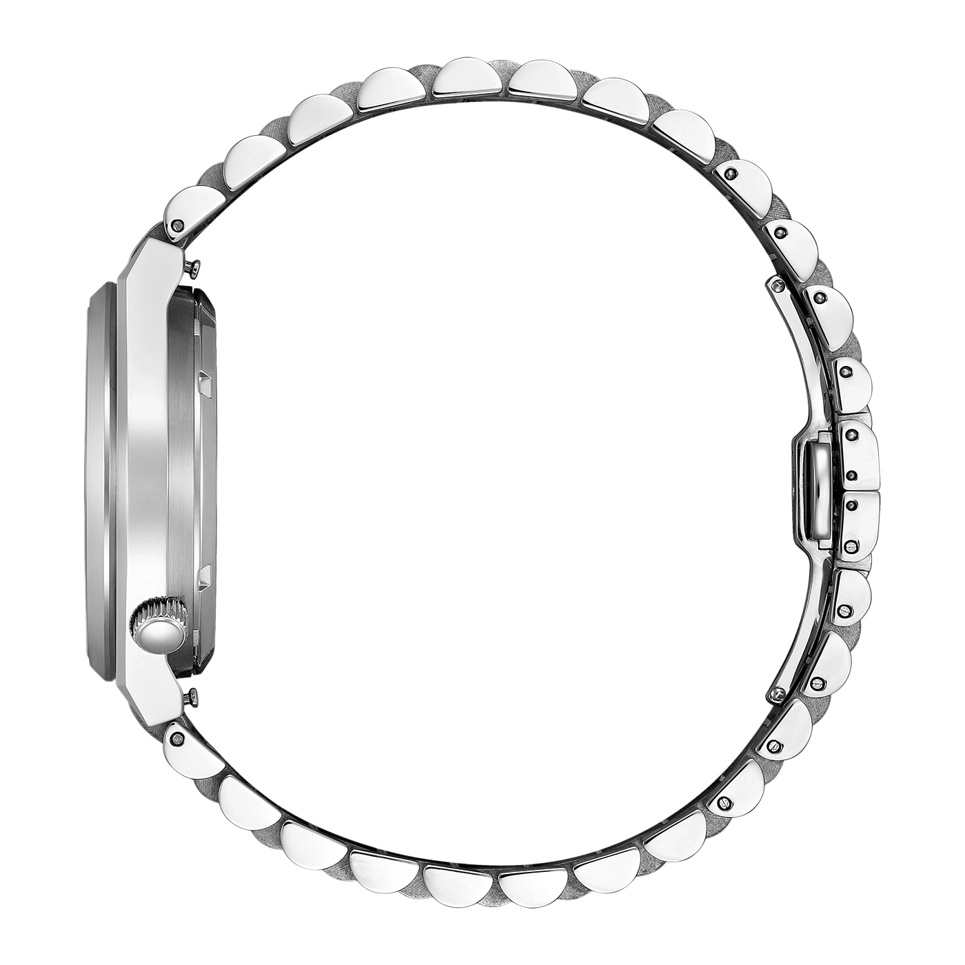 Silberne Uhr mit Metallarmband, Seitenansicht, isoliert auf weißem Hintergrund.