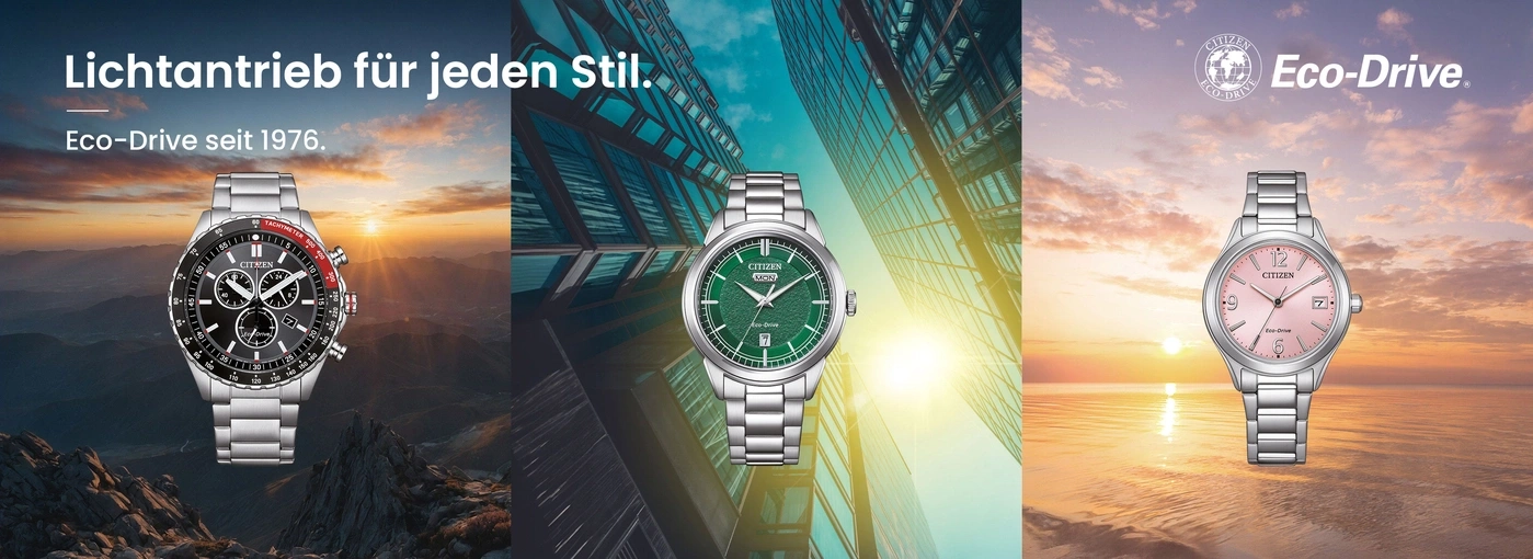 Drei Citizen Eco-Drive Uhren mit malerischen Hintergründen.