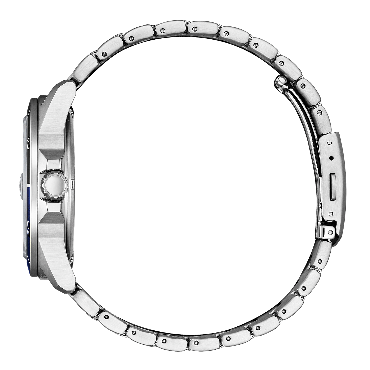 Seitenansicht einer silbernen Armbanduhr mit blauer Lünette und Metallband.