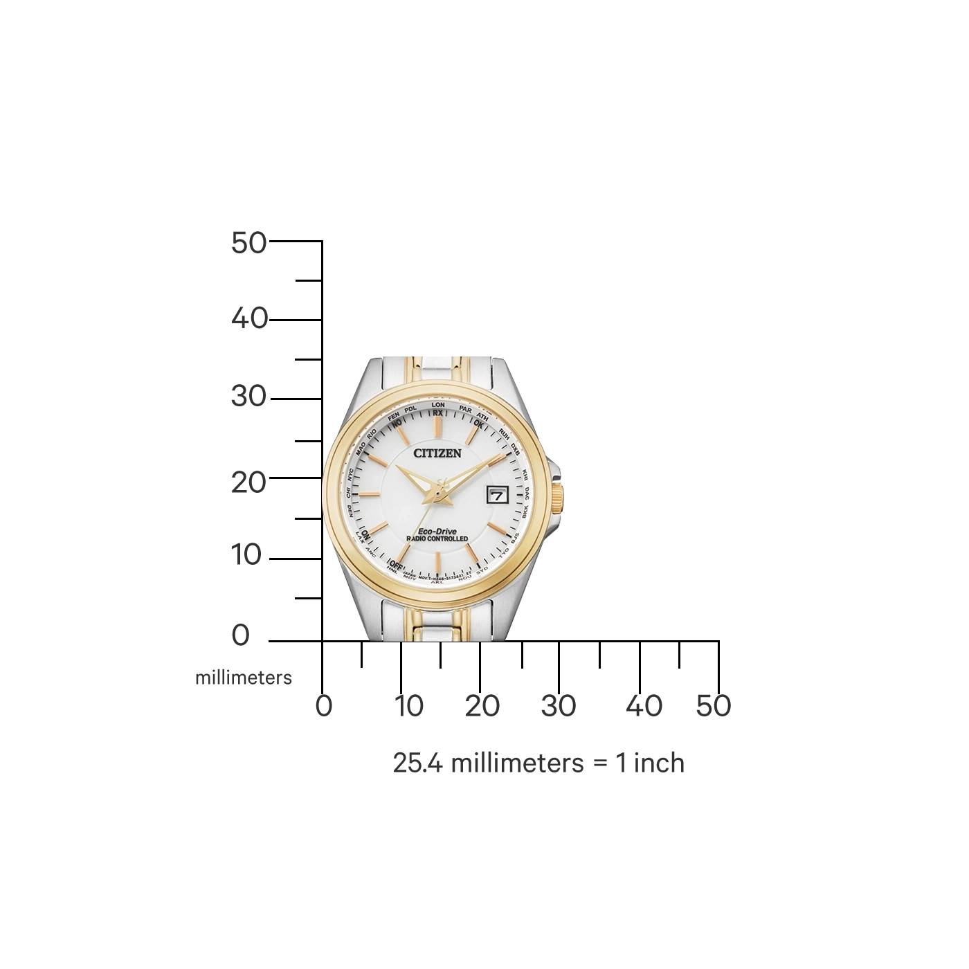 Citizen-Uhr mit Gold- und Silberakzenten, weißem Zifferblatt und Datumsanzeige.