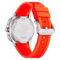 Rückansicht einer Citizen Eco-Drive Uhr mit orangefarbenem Armband und silbernem Gehäuse.