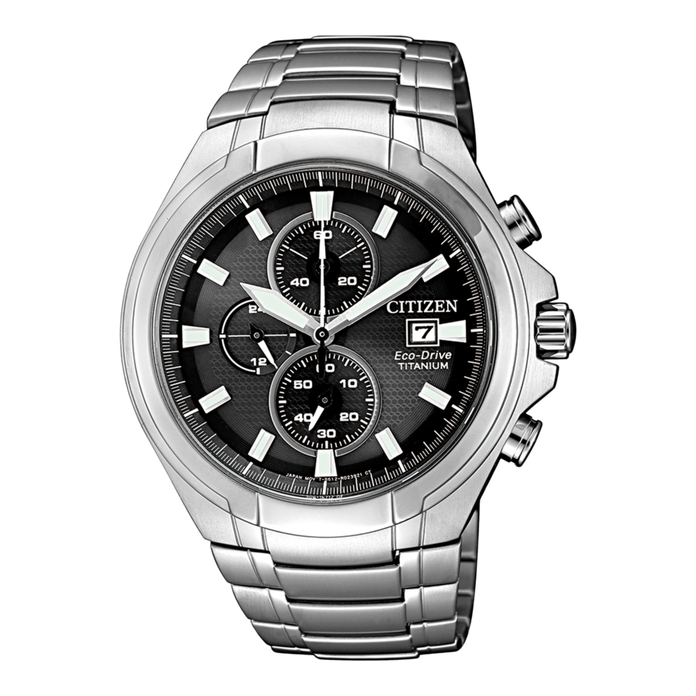 Citizen Eco-Drive Titanuhr mit schwarzem Zifferblatt und silbernem Armband.