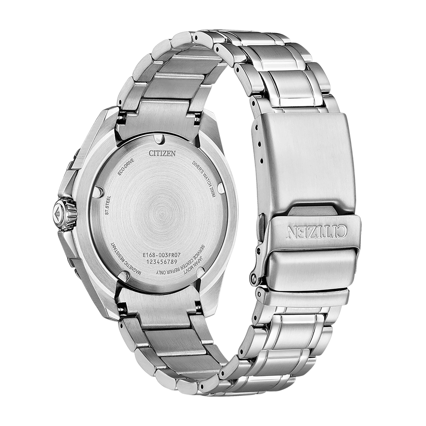 Citizen-Uhrenrückseite, Edelstahl, Eco-Drive, Diver's Watch 200M, Japan Movt.